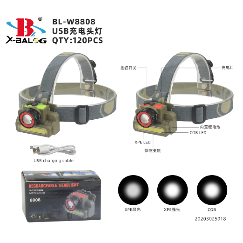 Налобний ліхтарик X-BAIL BL-W8808 XPE+COB, HEAD TORCH